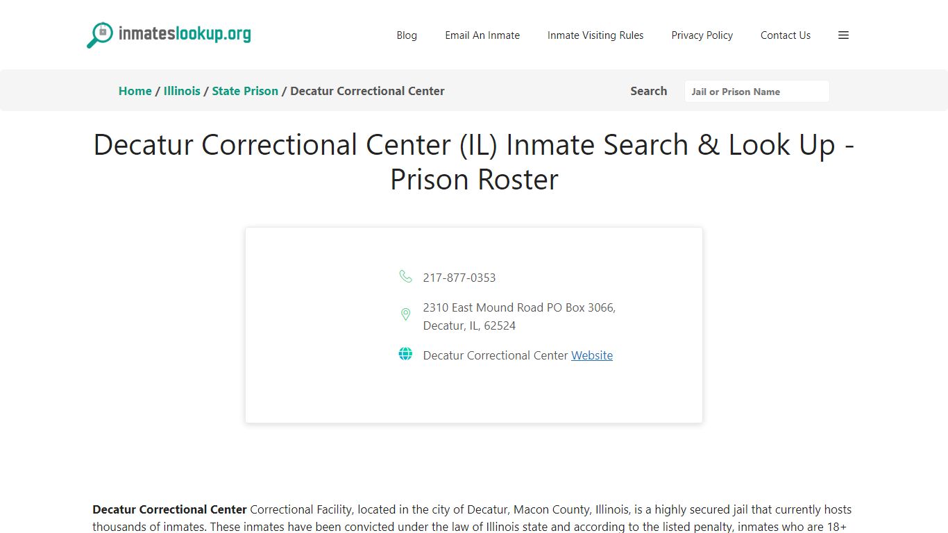 Decatur Correctional Center (IL) Inmate Search & Look Up - Prison Roster
